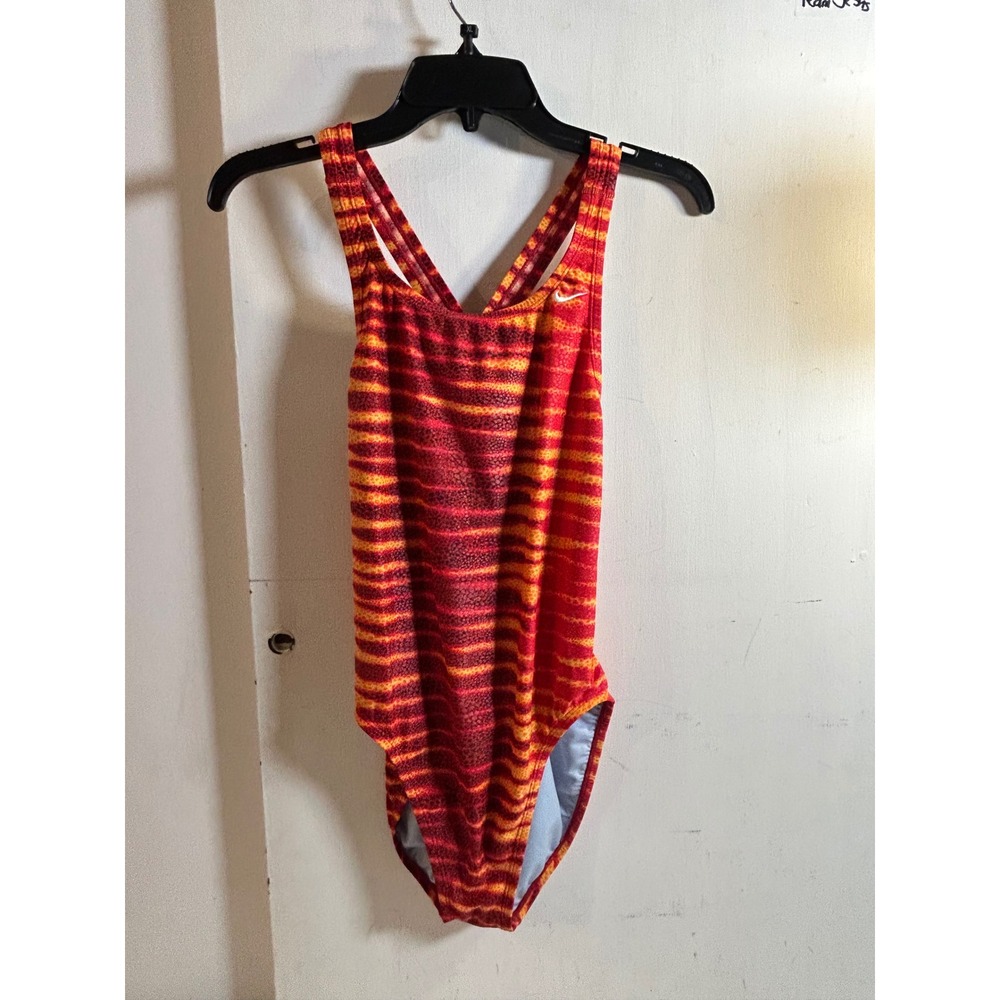 Nike One Piece Swimsuit Size 14 Red Orange Striped Crossback Womens